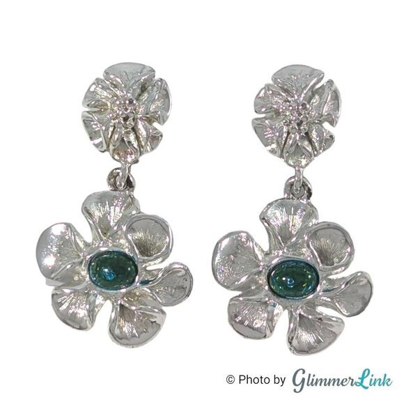 Vintage Silver Tone Green Cabochon Floral Dangle Clip On Earrings Statement - Picture 4 of 7
